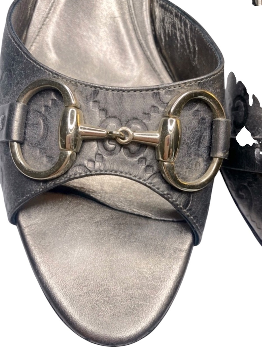 Auth Gucci Metallic silver gunmetal Horsebit Mule 9 Slide heel Guccisima leather - Picture 3 of 7